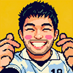 Pixel portrait of Jay smiling and making finger hearts